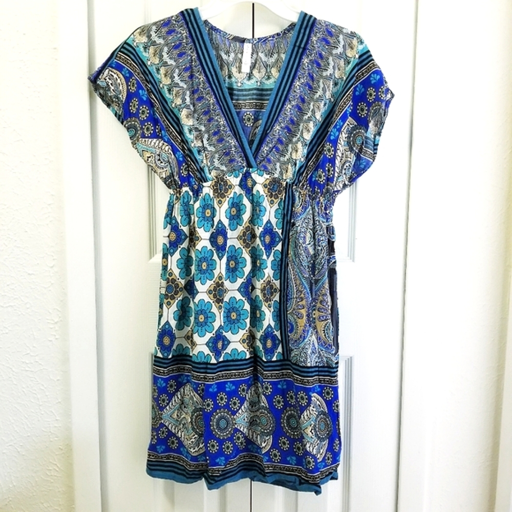 Blue Floral Multi Print VNeck Dress
